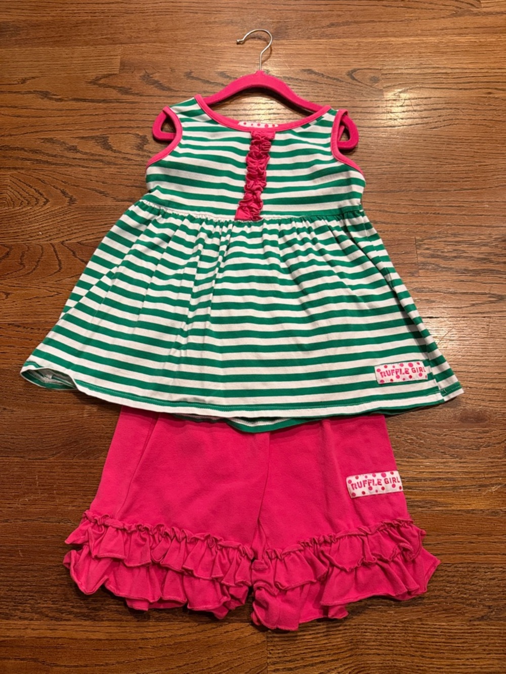 Ruffle Girl Green & Pink Striped top with pink ruffle shorts Set Sz 8